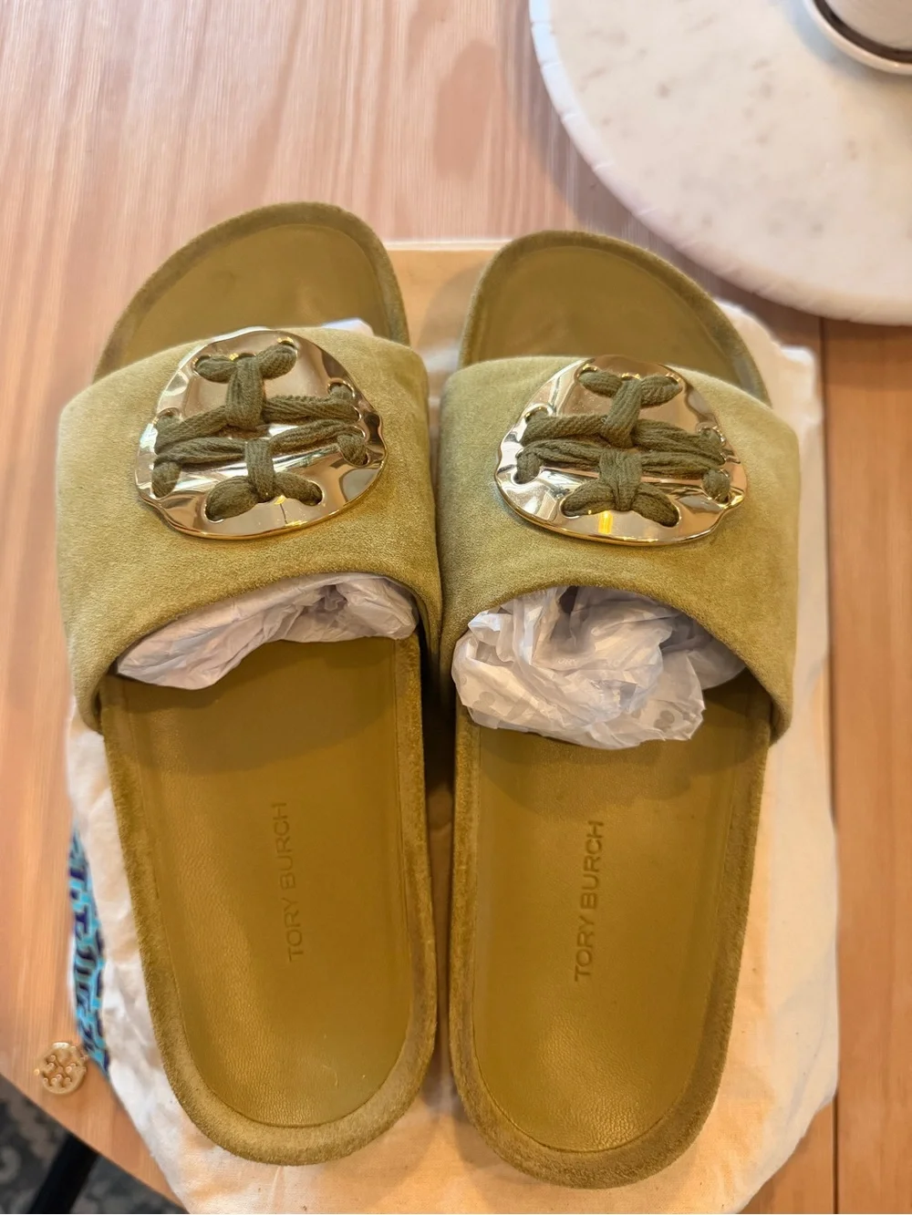 Tory Burch Olive Suede Slide Mules with Gold Logo Disk